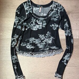 Free People Black and White Floral Long Sleeve Tee